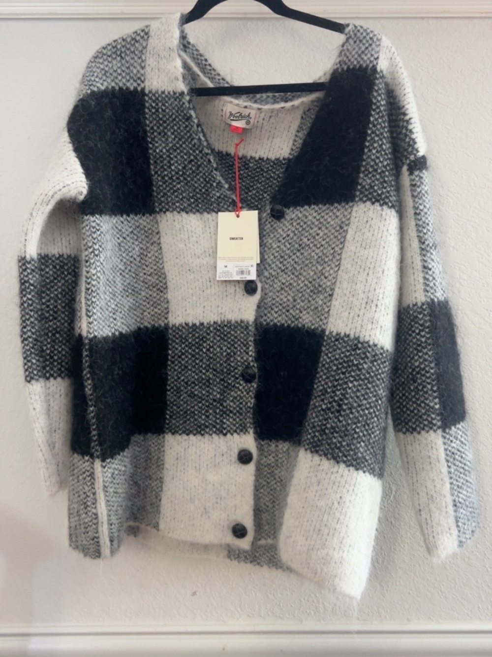 Woolrich Black White Plaid Fuzzy Button Front Cardigan Sweater M NWT